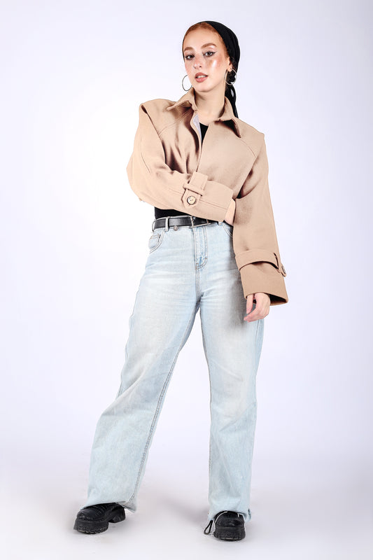 Wool Cropped Jacket in Beige